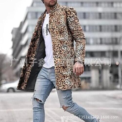 Leopard Woolen Coat Windbreaker Mens Stand Collar Leopard Casual Jacket Mens Slim Fit Windbreak Long Outwear Male Winter Coats