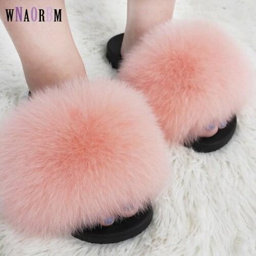 Best selling large fur fox fur slippers multicolor summer fashion slippers outdoor female furry indoor slippers beach sandals