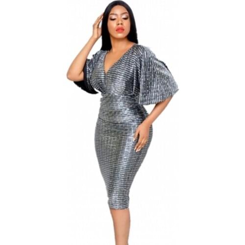 Hot Sell Summer Women Office Dress Lady Rilling Flare Sleevees Deep V-Neck Party Sexy Elastic Pencil Dresses Festa De Vestidos