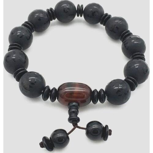 Fashionable joker 14MM natural carving black noxy Bead bracelet 2pcs Bungee cord Men and women