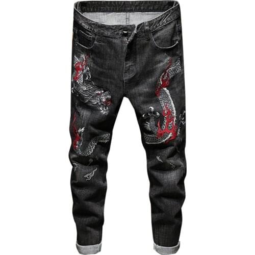 Mens Chinese dragon embroidery denim jeans Trendy slim straight stretch pants Black Blue