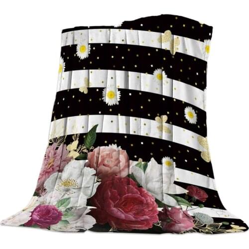 Stripes Daisy Butterfly Flower Throw Blanket Portable Soft Sofa Blanket Warm Microfiber Flannel Blankets for Beds