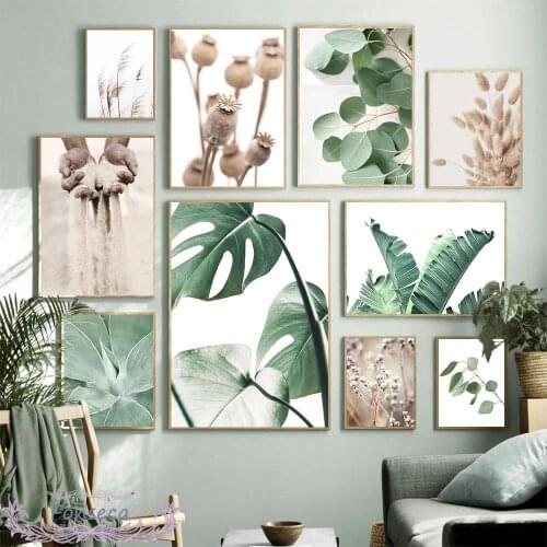 Beige Dogtail Grass Reed Poppy Fruit Sand Green Banana Monstera Leaf Aloe Poster Wall Art Canvas Painting Decorative Pictures