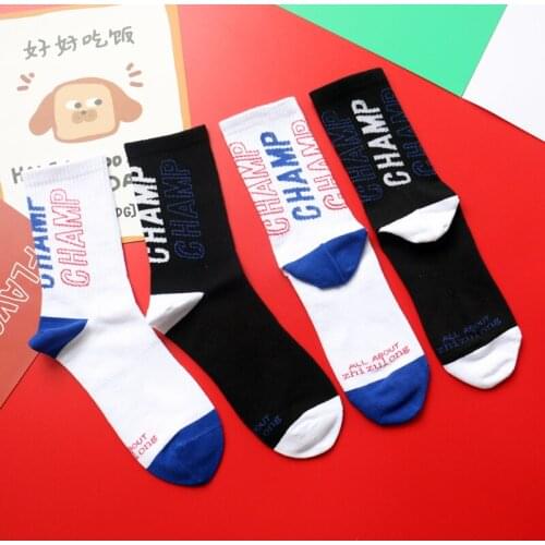 Adult Middle Calf Short Crew Street Fashion Cotton Socks Daily Youth Teen School Streetwear Champ Black Red Blue Hollow Words