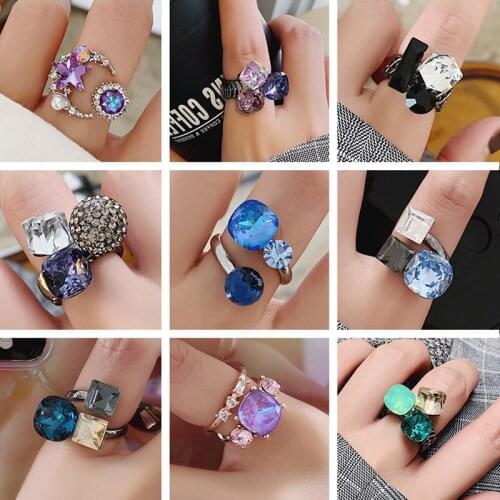 New Retro Chic Colorful Crystal Ring for Women Girls Luxury Geometric Star Moon Wedding Party Opening Finger Ring Jewelry Gifts