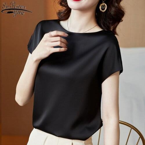 Office Lady Tops Summer Short Sleeve Blouses Satin Blouse Women Shirts Fashion Simple Solid Plus Size Loose Shirt Blusas 13377