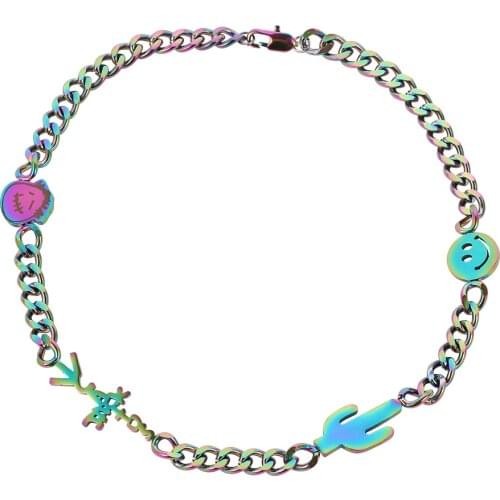 Hip-Hop Smiley Cactus Charms Necklaces Streetwear Unisex Chain Necklace Vintage Colorful Thick Chain Fashion Asymmetric Jewelry