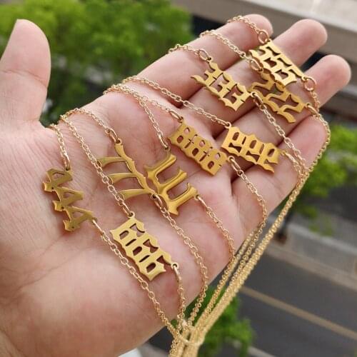 2 PCS Stainless Steel 222 444 777 Devil Angel Number Pendant Necklace For Women Men Crystal Tennis Chain Choker Necklace Jewelry