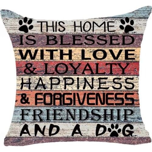 Retro Vintage Wood Grain Warm Sayings This Home is Blessed & Loyalty Happiness and A Dog Paw Prints Throw Pillow Case Cushion Co