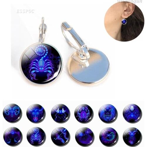 12 Constellation Earrings Simple Style Glass Dome Jewelry Zodiac Sign Ear Stud Earring Daughter Girl Women Birthday Gifts