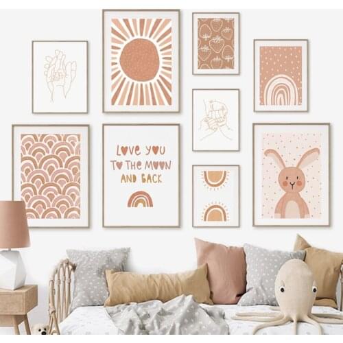 Sun Rainbow Hand Rabbit Unicorn Boho Nursery Abstract Wall Art Canvas Painting Posters And Prints Wall Pictures Baby Kids Room