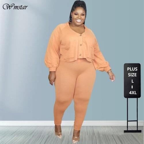 Two Piece Set Plus Size Women Clothing Wholesale Ribbing Solid Loose Buttons Coat Leggings Pants Sets Fall Clothes Dropshipping