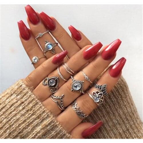 Tocona Boho Crown Moon Heart Rhinestone Geometric Flower Knuckle Rings Set for Women Midi Finger Rings Stacking Finger Jewelrys