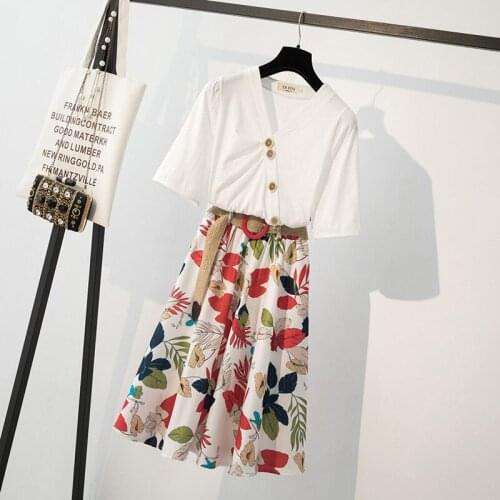 Women 2020 Summer Short Sleeve V-Neck Tops+High Waist Skirts Suits Female Solid Tops Vintage Floral Skirt Elegant 2 Pcs Set L276