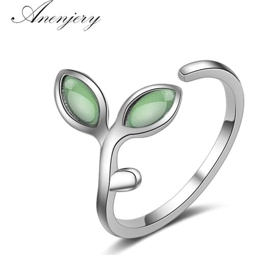 ANENJERY 925 Sterling Silver Hot Sale Opal Green Leaf Opening Rings For Women Jewelry anillos bijoux femme S-R348