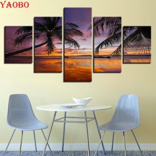 5 Pcs 5D Diy Diamond Painting Sunset Beach Palm Trees Seascape Diamond Embroidery Diamond Painting Cross Stitch kit Mosaic Decor