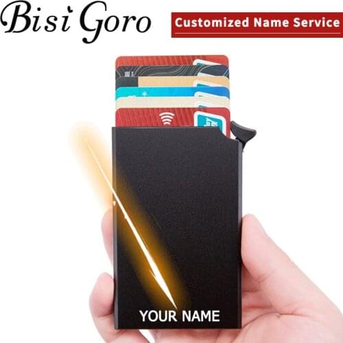 BISI GORO 2020 New Laser Engraving RFID Anti-Theft Auto Pop-Up Metal Slim Credit Card Holder Smart Card Wallet Thin ID Holder
