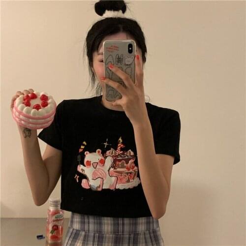 Casual korean style Graphic hip hop t-shirt female Bear print lovely aesthetic t shirt women fashion new harajuku Short tshirt