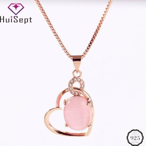 HuiSept Fashion 925 Silver Jewellery Necklace Oval Rose Quartz Zircon Gemstone Heart-shaped Pendant Ornaments for Female Wedding