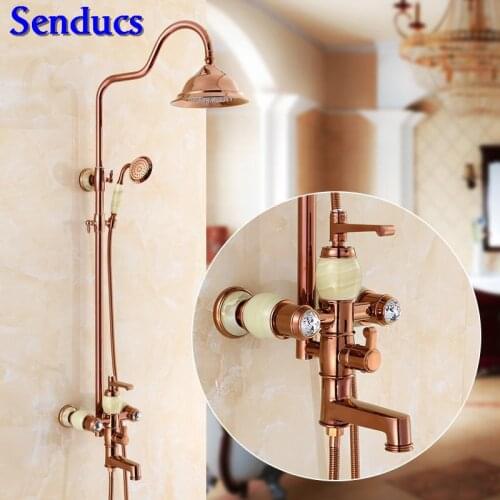 Senducs Rose Gold Bathroom Shower Set Top Quality Jade Stone Bathroom Shower Mixer Faucet Rainfall Shower Head Rose Gold Faucet
