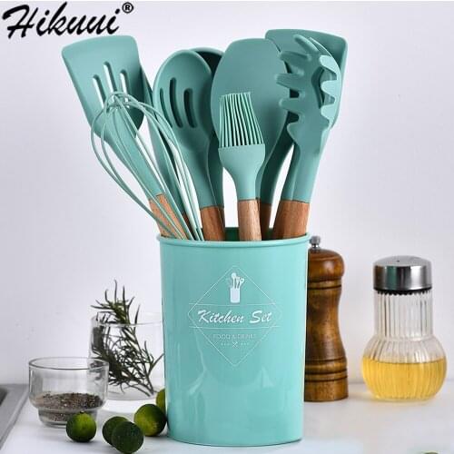 11pcs Kitchenware Silicone Cooking Utensils Set Wooden Handle Shovel Non-Stick Spatula Resistant Tools Set With Storage Bucket