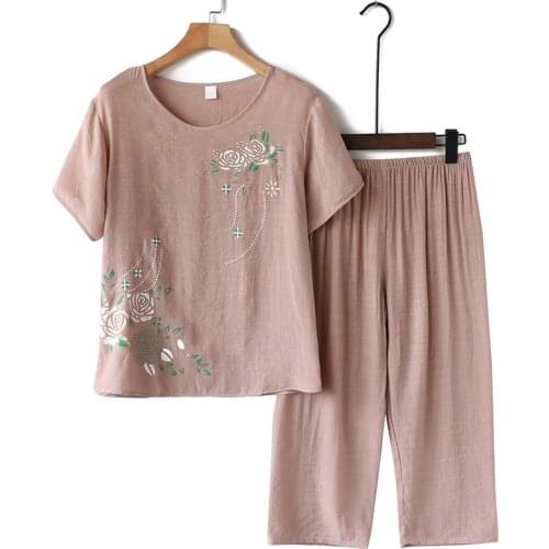 Home Mom Nightie Linen Cotton Female Colorful Set Of Two Fashion Pieces Short Sleeve Casual Brief Loose Women Pajama Big Size