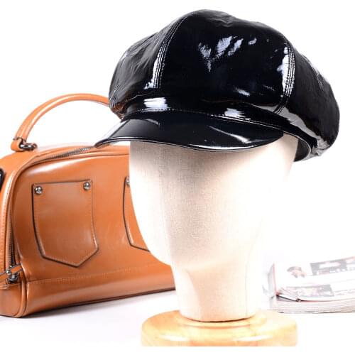 New Womens Ladies Real leather Shiny Black Patent Leather Beret Sailor cap Newsboy Army/Navy Caps/Hats