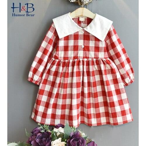 Humor Bear Girls Dress New Spring Autumn Long Sleeve Lapel Collar Plaid Princess Dress Party Toddler Kids Clothing