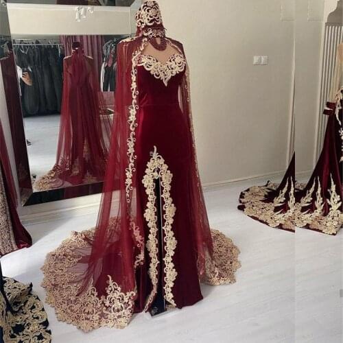 Burgundy Side Split Mermaid prom Dresses with Jacket wrap Sweetheart Gold Appliques Saudi Arabic Evening Gown vestidos de fiesta