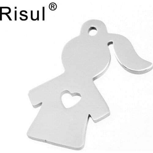 Risul ponytail braid Girl charm Sweet heart in Dolls Stainless steel pendant both sides mirror polish pendant 100pcs