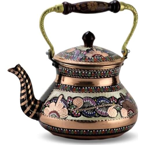 SONAYCOPPER Rose Flower 0,8mm Thick Natural Handmade Turkish Copper Painted Tea Pot Kettle Stovetop Teapot, LARGE 2.4 Lt