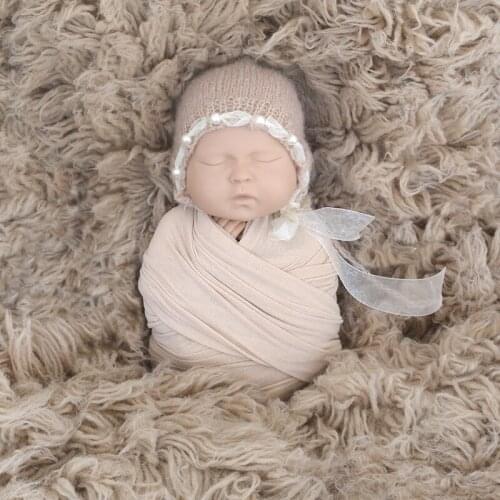 Jersey stretch wrap Newborn knit Pearl hat wrap set Baby swaddle Wool blanket Newborn photography props