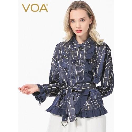 VOA Silk 26m/m Yarn-Dyed Jacquard Horn Long-Sleeved Tie Waist Hugging Double-Breasted Overlock Metal Buckle Coat B316