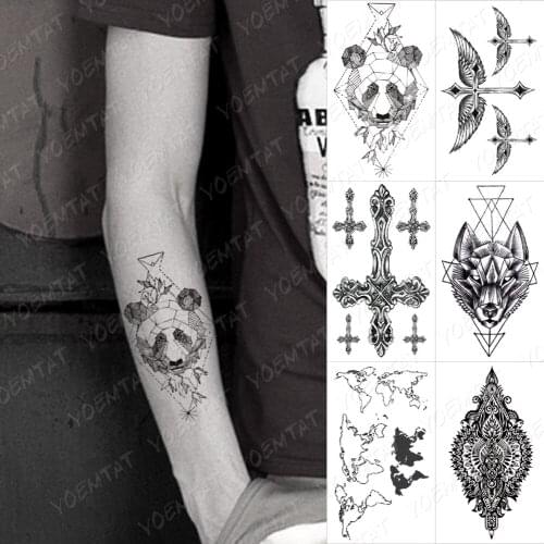 Waterproof Temporary Tattoo Sticker Panda Leaf Geometric Linear Cross Henna Black Tatoo Arm Fake Tatto Woman Man Child Tattoos