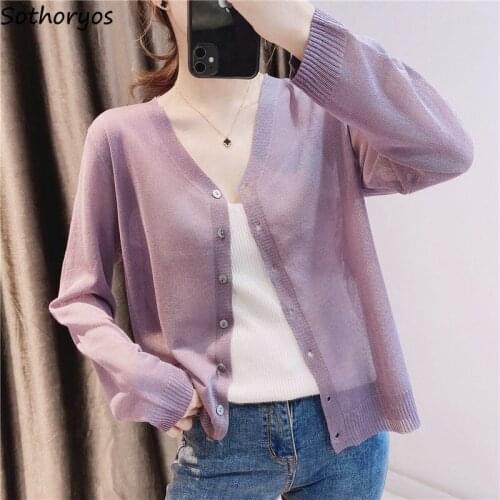 Women Solid Cardigans Simple Ulzzang Elegant Tender All-match V-neck Loose Leisure Sun Protection Female Temperament Streetwear