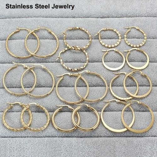 1 Pair Stainless Steel Gold Hoop Earrings For Women Round Ladies Trendy Jewelry Clip-On Accessories