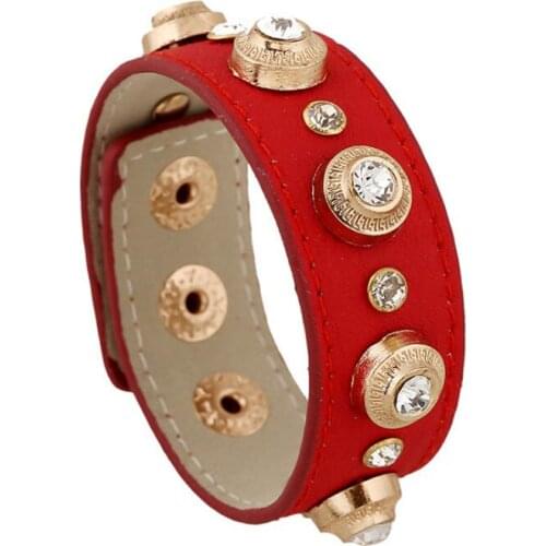 Punk Fashion Women Charm Bracelet Cuff Gold Crystal Rivet PU Leather Bangle Wrap Alloy Rhinestone Bead Wristbands Gothic Jewelry