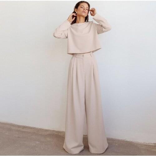 Spring Autumn Two Piece Set Casual Outfit Suits Women Pant Set Long Sleeve O-neck T-shirt Wide Leg Pants Loose Ladies Pant Sets