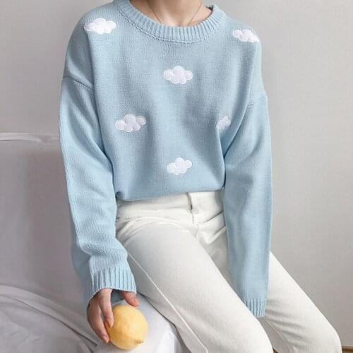 Womens Kawaii Vintage College Loose Cute Clouds Sweater Female Korean Punk Thick Cute Loose Harajuk Knitted Pullover Tops