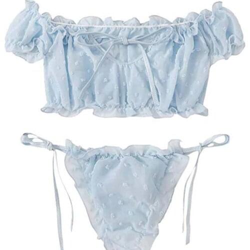 Set Off Shoulder Lace Up Bikinis Women Sweet Casual Short Sleeve Suits Swimsuits Beachwear Bathing Suits