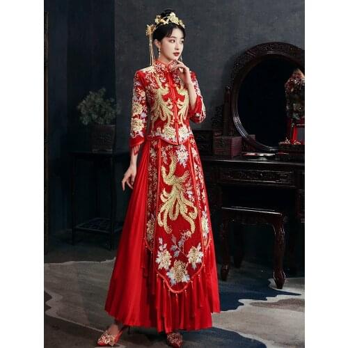 Female Phoenix Embroidery Cheongsam High Quality Red Chinese Wedding Dress Traditional Party Qipao Plus Size S-2XL