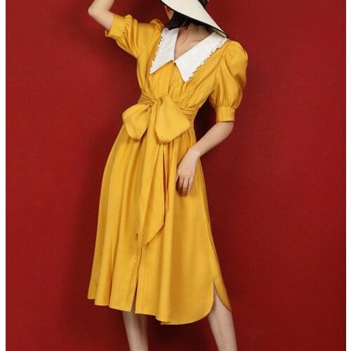 2020 Summer yellow Elegant Women Dress Lapel Collar Lantern Half Sleeve High Wiast Lace Up Bow Patchwork Lace Dresses