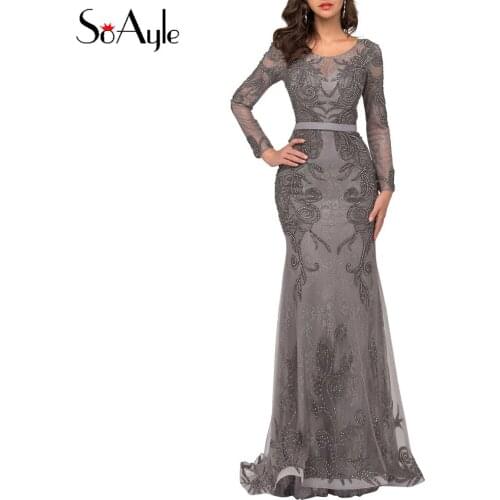 SoAyle Luxury Beaded Gray Lace Evening Dress O-neck Long Sleeve Mermaid Evening Dress Plus Size Arabic Dubai Dresses