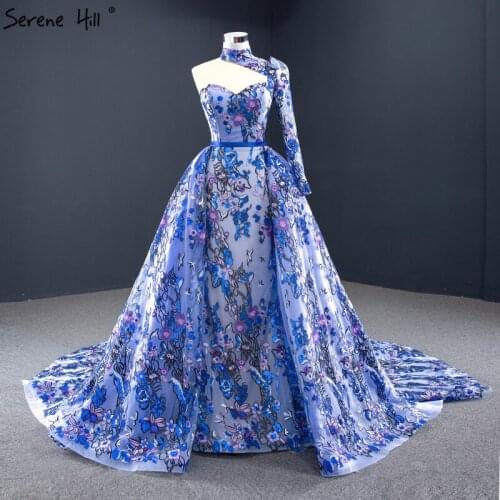 2020 Handmade Embroidery Flowers Prom Dresses Blue One Shoulder Sexy Mermaid Evening Gowns Serene Hill HM67028