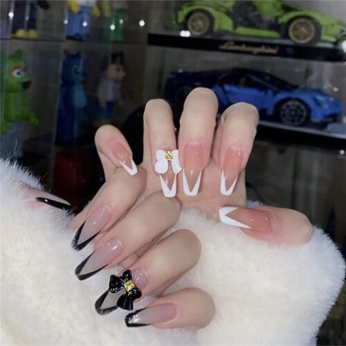 24pcs Black White Bow Fake Nail Patch Glue Type Removable Long Paragraph Fashion Manicure Save Time False Nail Patch NE