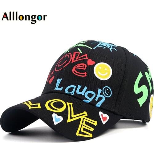 Hot 2021 Snapback Cotton Baseball Cap Women Smiley Face Letter Print Casquette femme Bone feminino Black Womens Summer Caps Hat