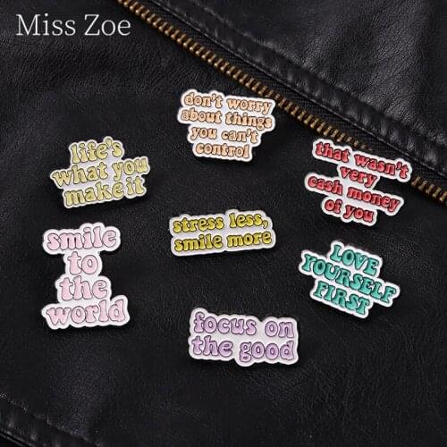 Love Yourself More Enamel Pins Feminist Quotes And Saying Brooches Letter Banner Badges Denim Backpack Decoration Jewelry Gifts