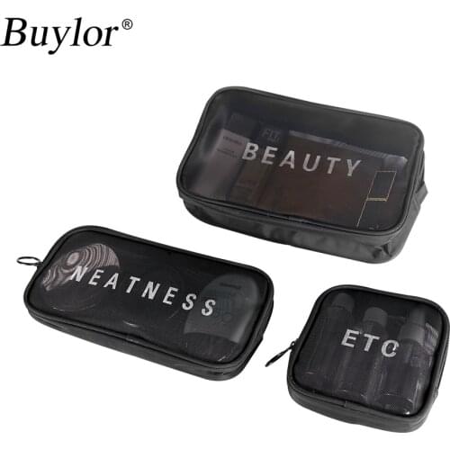 Buylor Cosmetic Bag Case Makeup Bag 3 Sizes Travel Cosmetic Bag Mesh Luggage Organizer Women Zipper Pad Storage Pouch Toiletry B