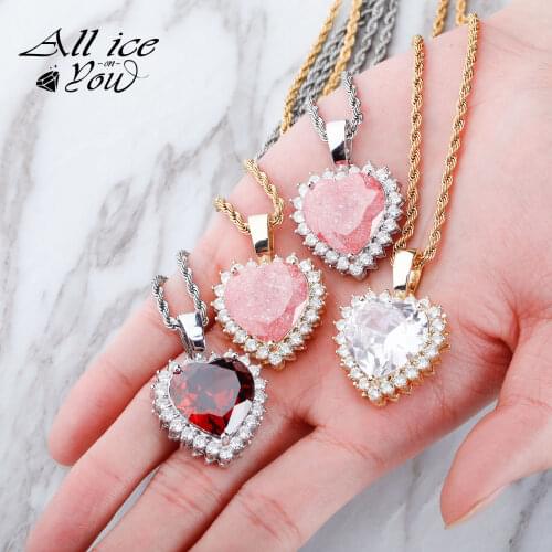 ALLICEONYOU Mens/Women AAA+ Big Cubic Zirconia Heart Pendant Necklace Iced Out Hip Hop Luxury Color Charm Chain Jewelry Gifts