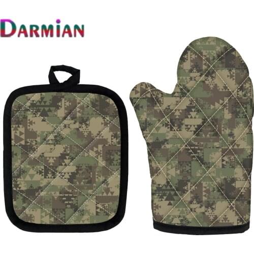 DARMIAN Camouflage Aztec Green Army Camo Heatproof Cooking Microwave Baking Oven Potholders Oven Mitts 2pcs/Set Kitchen Supplies